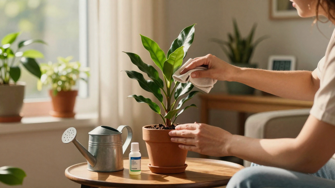 Pessoa limpando folha de planta verde em vaso de cerâmica em mesa com regador e adubo líquido.