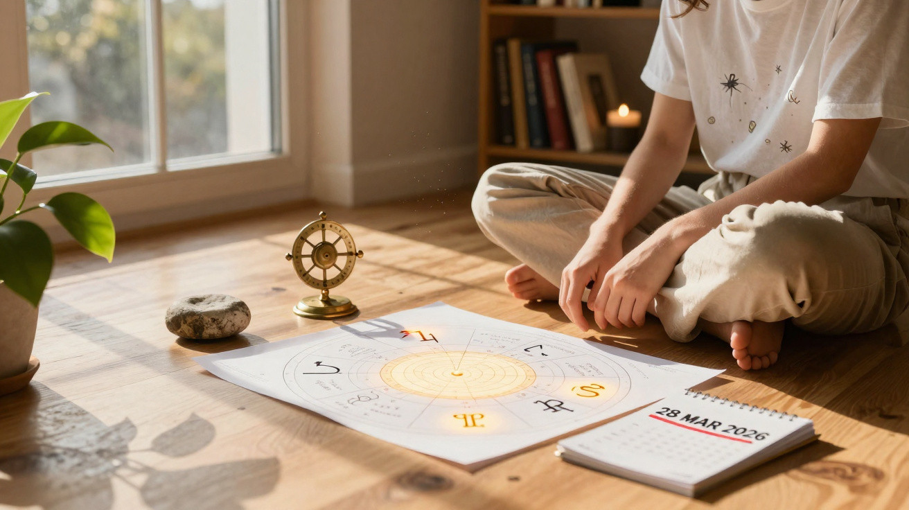Pessoa sentada no chão iluminado pelo sol olhando mapa astral ao lado de calendário e plantas.