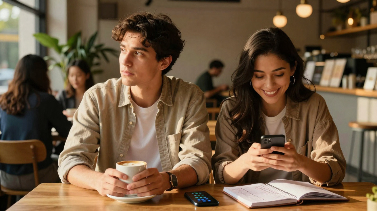 Jovens sentados em cafeteria, um olha o celular sorrindo, outro com livro aberto concentra-se à frente.