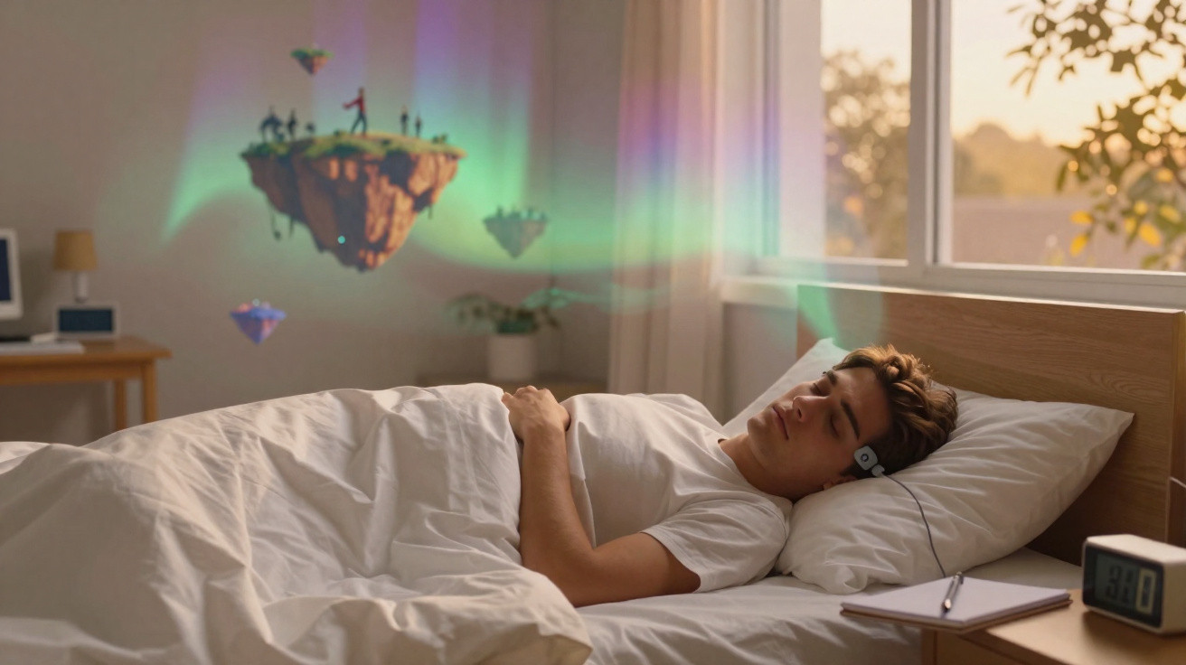Homem dormindo com fone de monitoração cerebral, flutuando ilhas e aurora boreal na janela do quarto.