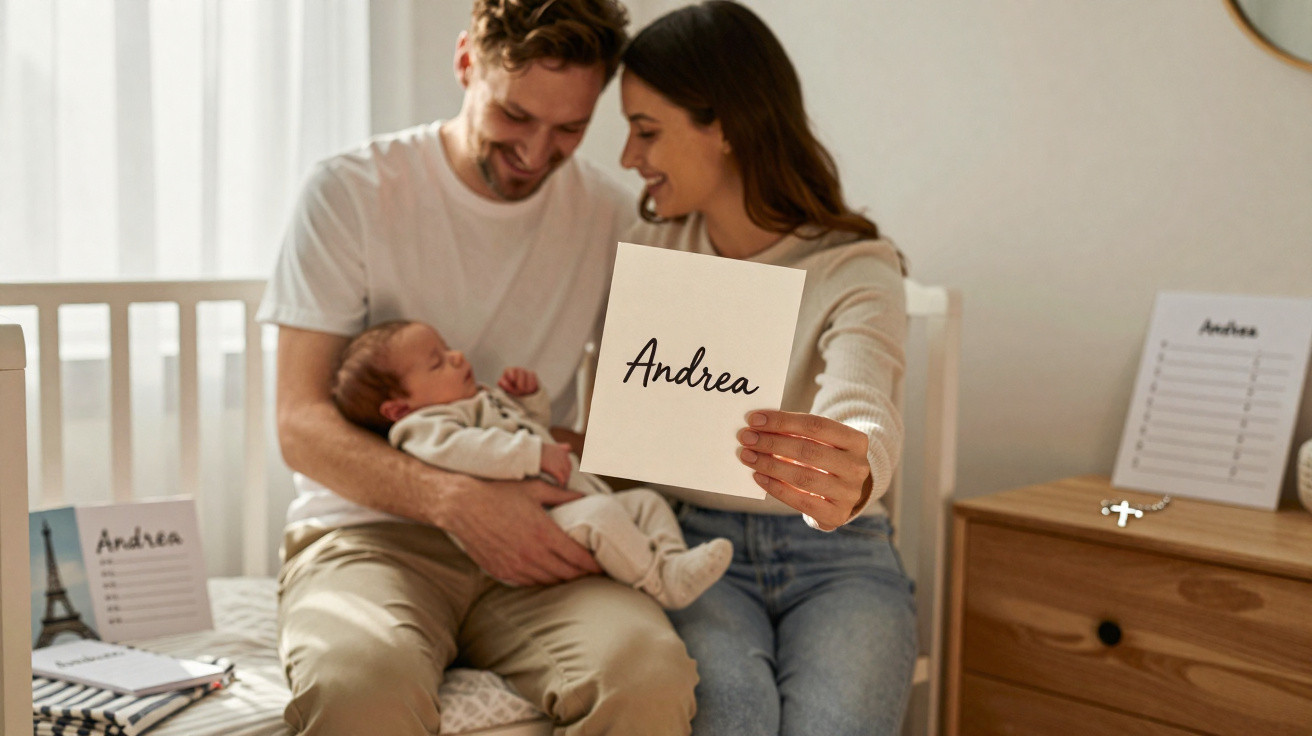 Casal sorridente segurando um bebê no quarto, mostrando cartão com o nome Andrea.
