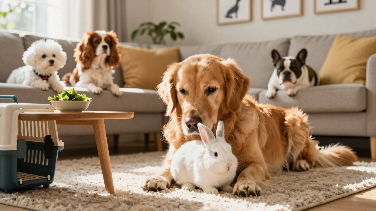 Cão Golden Retriever deitado perto de coelho branco, com três cachorros ao fundo em sala iluminada.