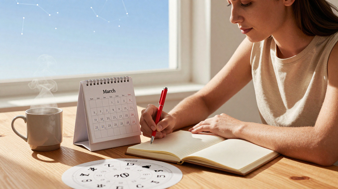 Mulher escrevendo em caderno com calendário de março, papel astrológico e xícara de chá fumegante na mesa.