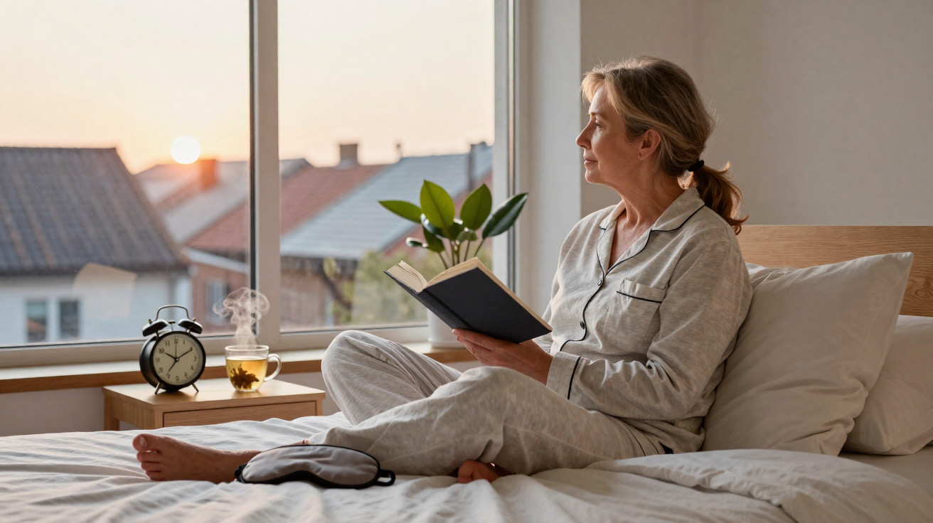 Mulher sentada na cama de pijama lendo livro e olhando pela janela durante o nascer do sol.