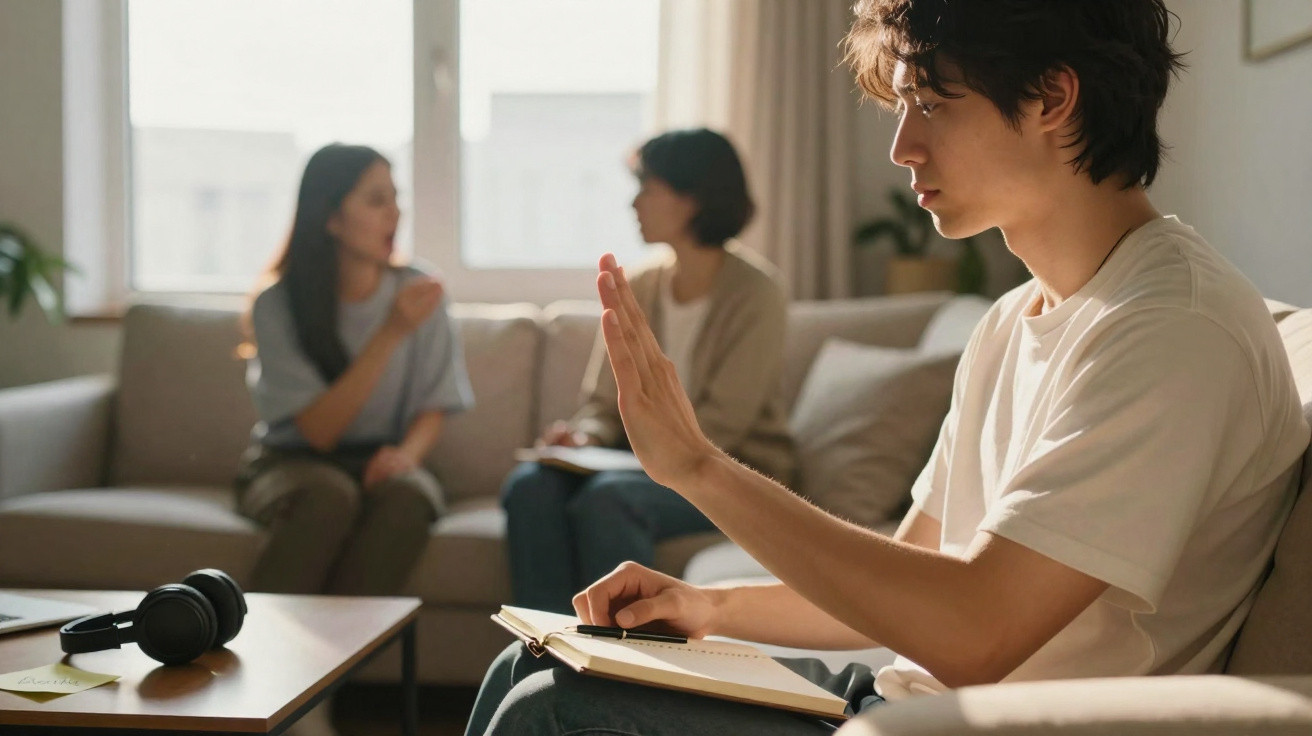 Jovem sentado com caderno, fazendo gesto de parar, enquanto outras três pessoas conversam ao fundo.