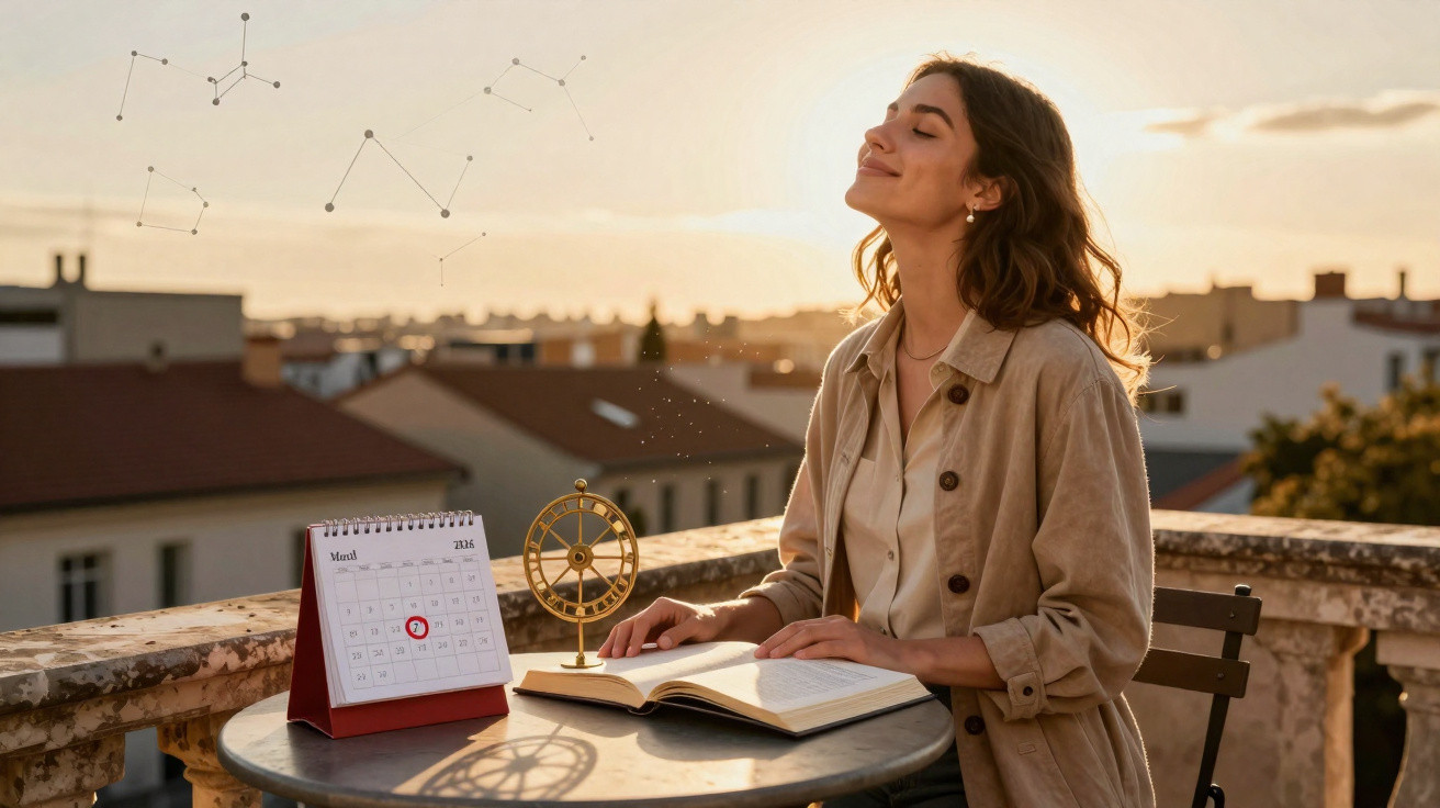Mulher sorrindo sentada ao ar livre com livro aberto, calendário e bússola em mesa ao pôr do sol.