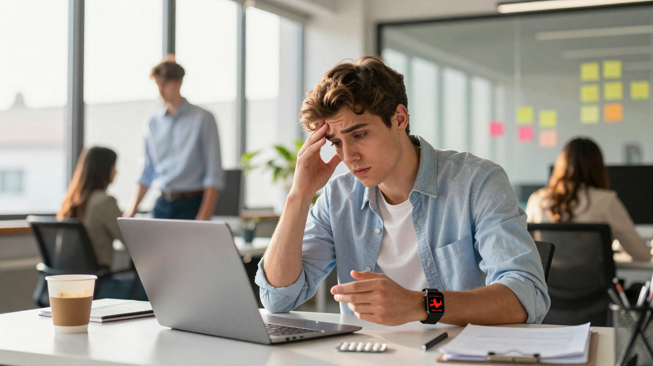 Homem preocupado olhando conta enquanto trabalha em laptop em escritório moderno com colegas ao fundo.