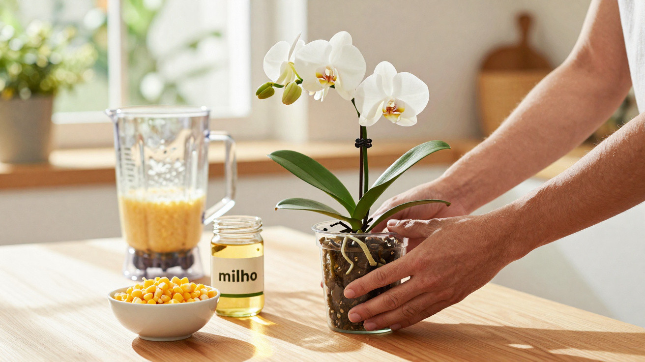 Pessoa segurando vaso transparente com orquídea branca em cozinha com ingredientes de milho sobre a mesa.