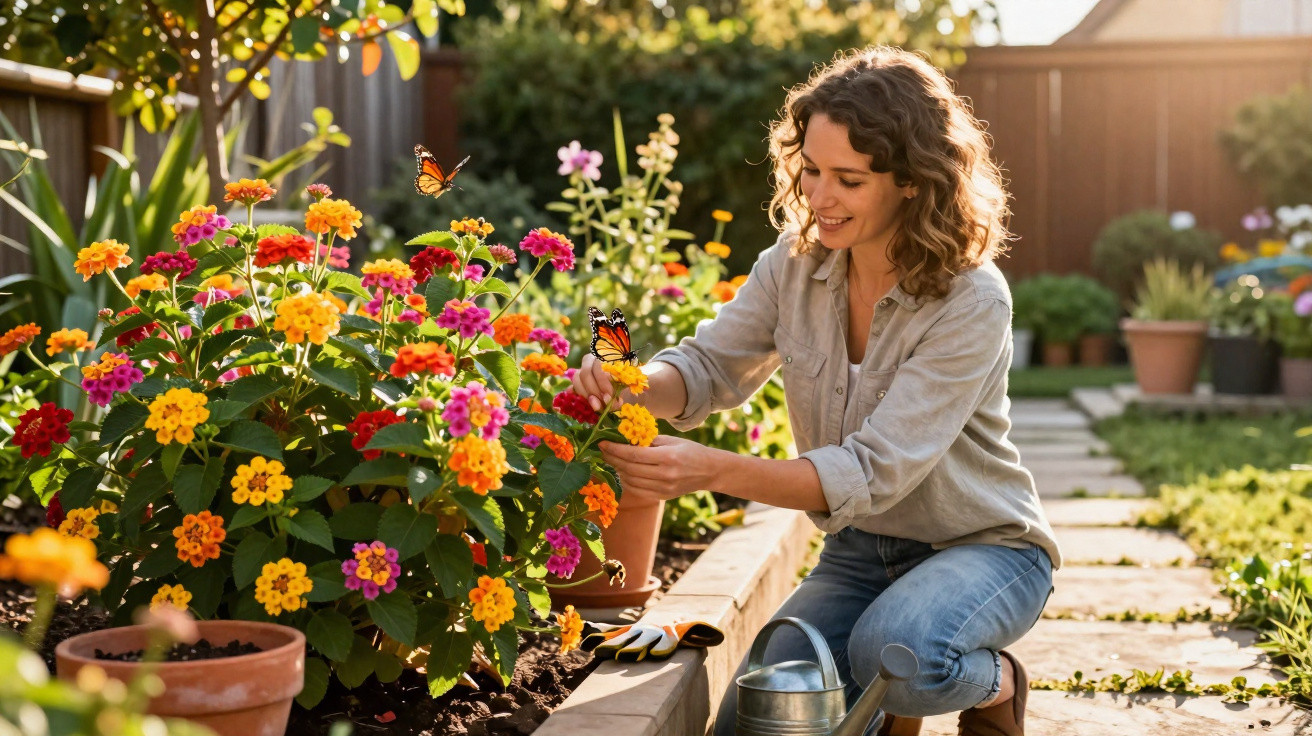 Mulher sorrindo cuidando de flores coloridas no jardim em um dia ensolarado.