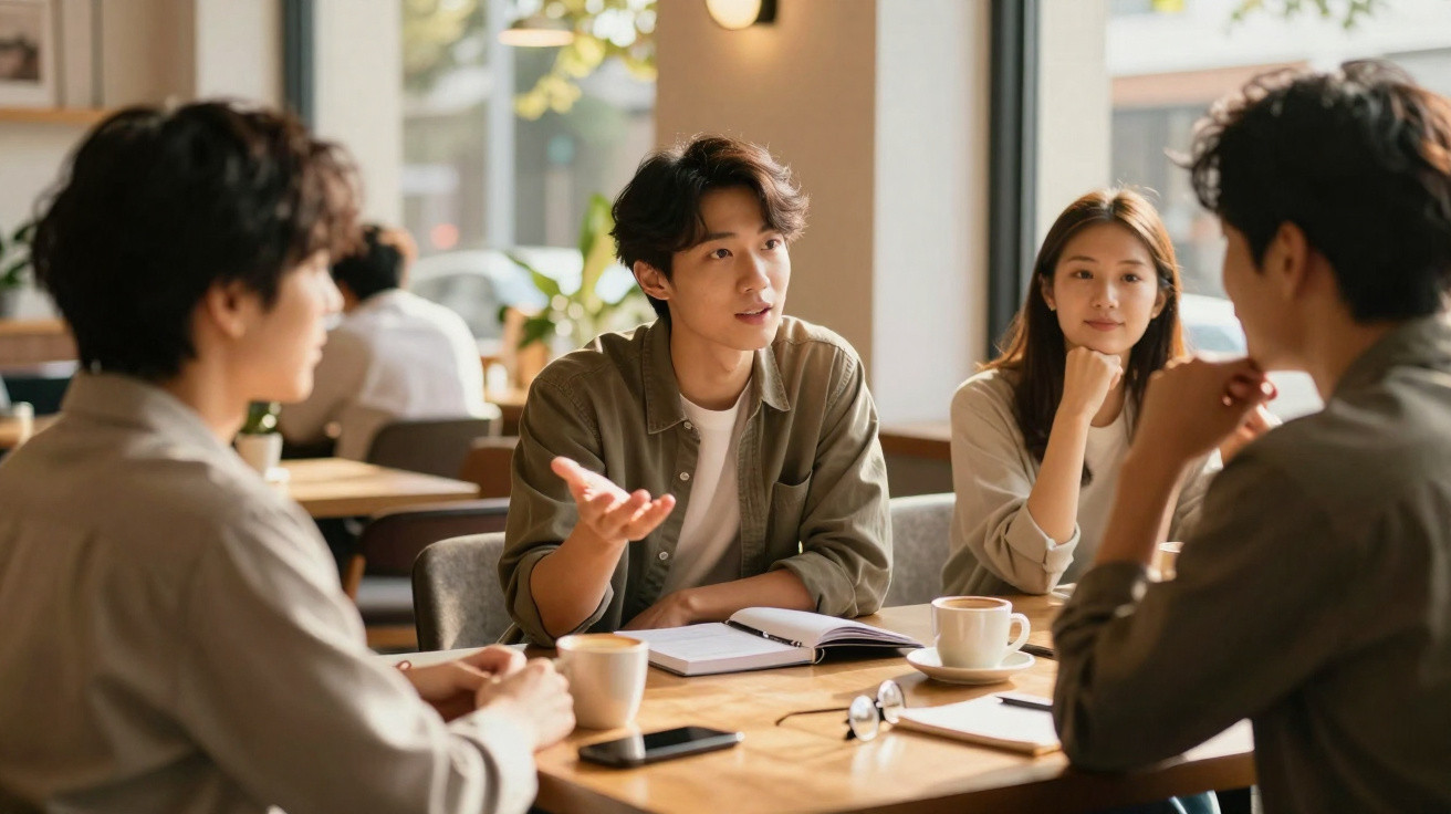 Três jovens conversando e fazendo anotações em mesa de café com cadernos, óculos e xícara.