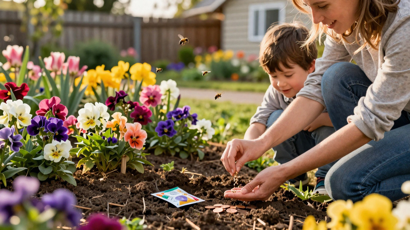 Mulher e duas crianças plantam moedas na terra em jardim florido com flores coloridas e abelhas.