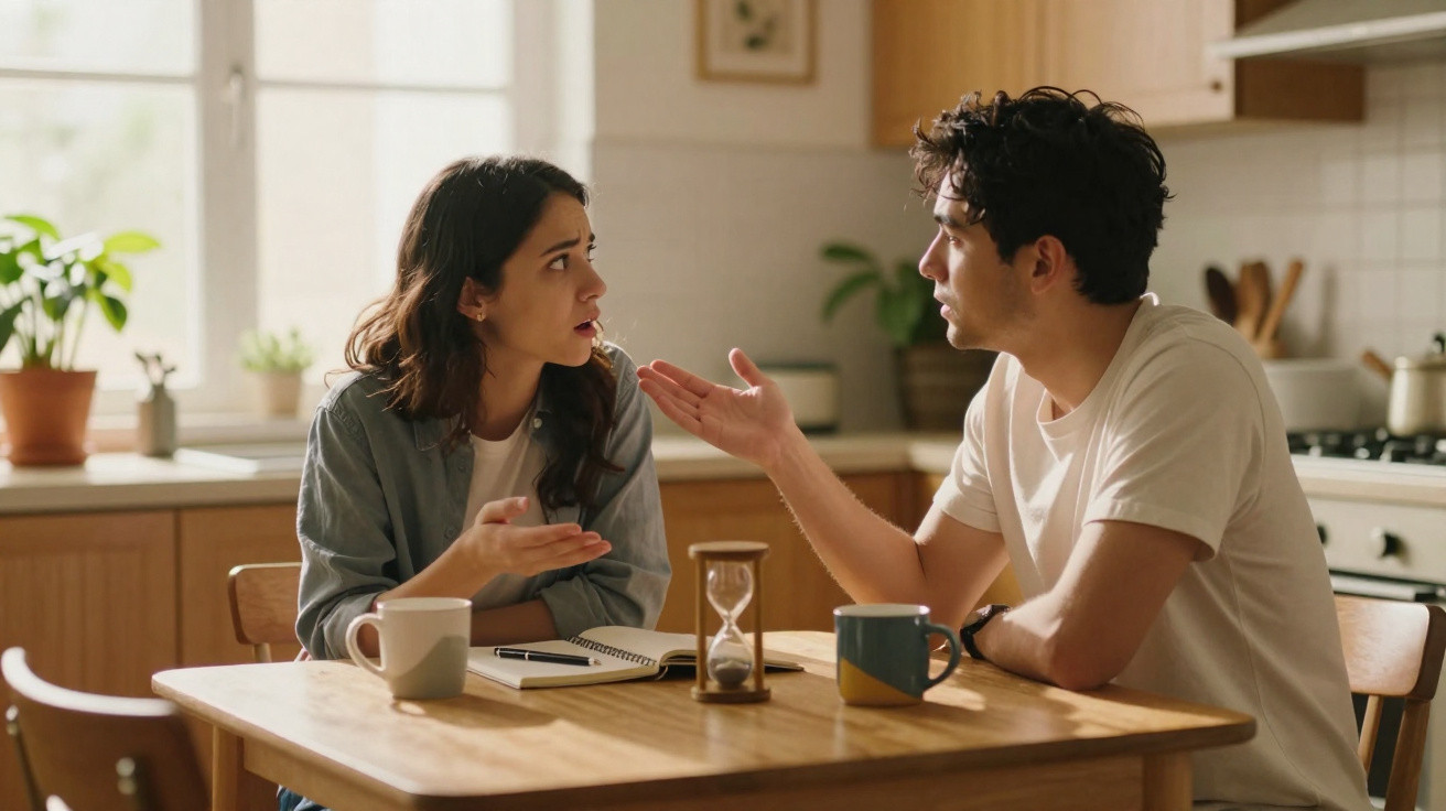 Casal discutindo na cozinha durante o dia, sentado à mesa com café, caderno e ampulheta.