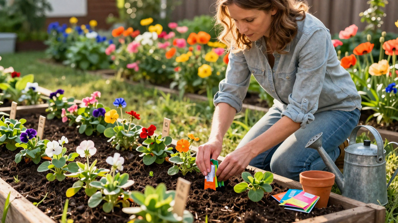 Mulher plantando flores em canteiro elevado com regador e etiquetas de sementes ao lado.