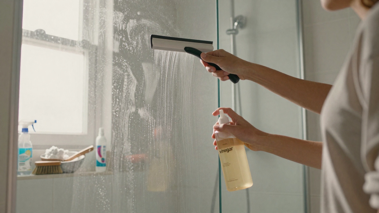 Pessoa limpando vidro do box do banheiro com rodo e borrifador com produto de limpeza transparente.