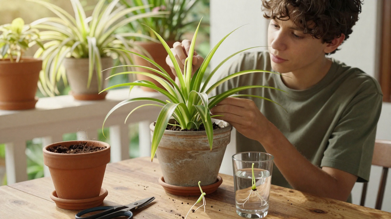 Jovem cuidando de planta em vaso de cerâmica sobre mesa de madeira com outras plantas ao fundo.