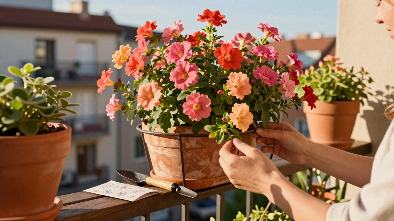 Pessoa cuidando de flores coloridas em vaso no parapeito de uma varanda ensolarada.