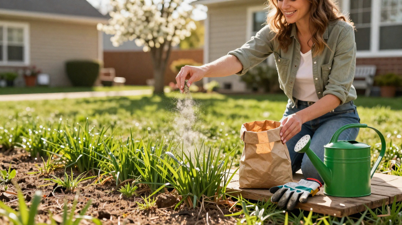 Mulher sorrindo adubando plantas em jardim ensolarado com regador e luvas ao lado.