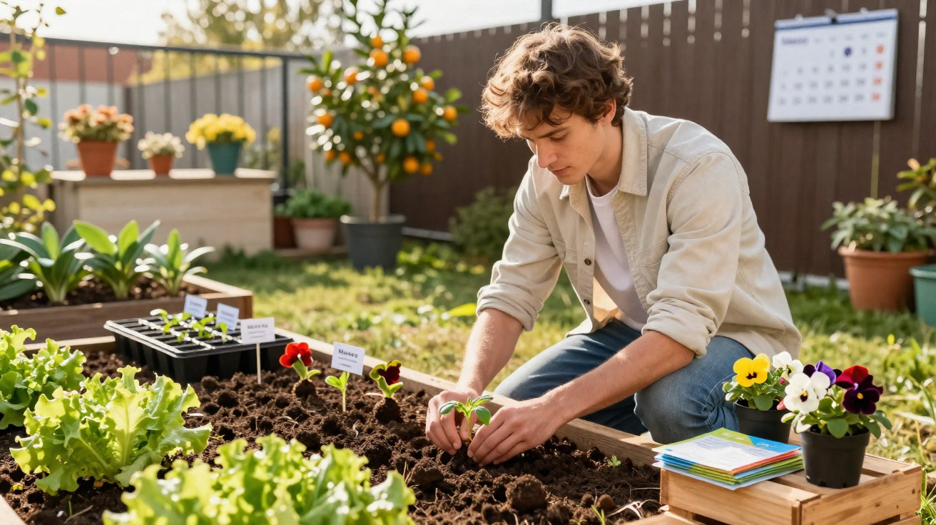 Jovem planta mudas em canteiro de jardim cercado por vasos de flores e planteiras ao ar livre.