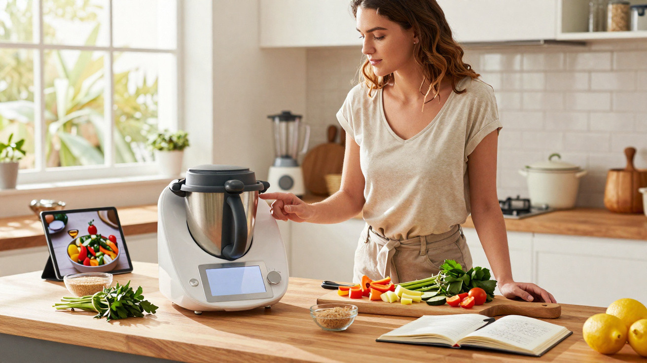 Mulher na cozinha usando processador de alimentos com legumes e receita ao redor em bancada de madeira.