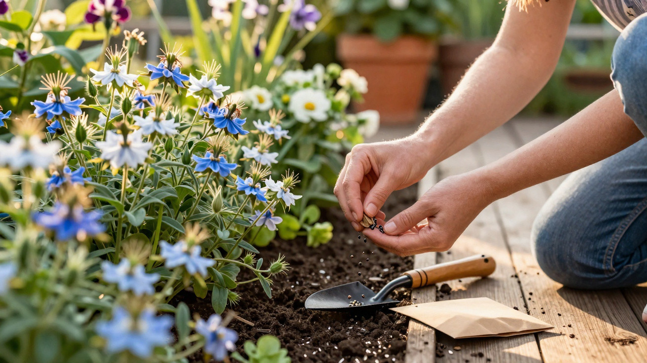 Pessoa plantando sementes em jardim com flores coloridas e ferramentas de jardinagem ao lado.
