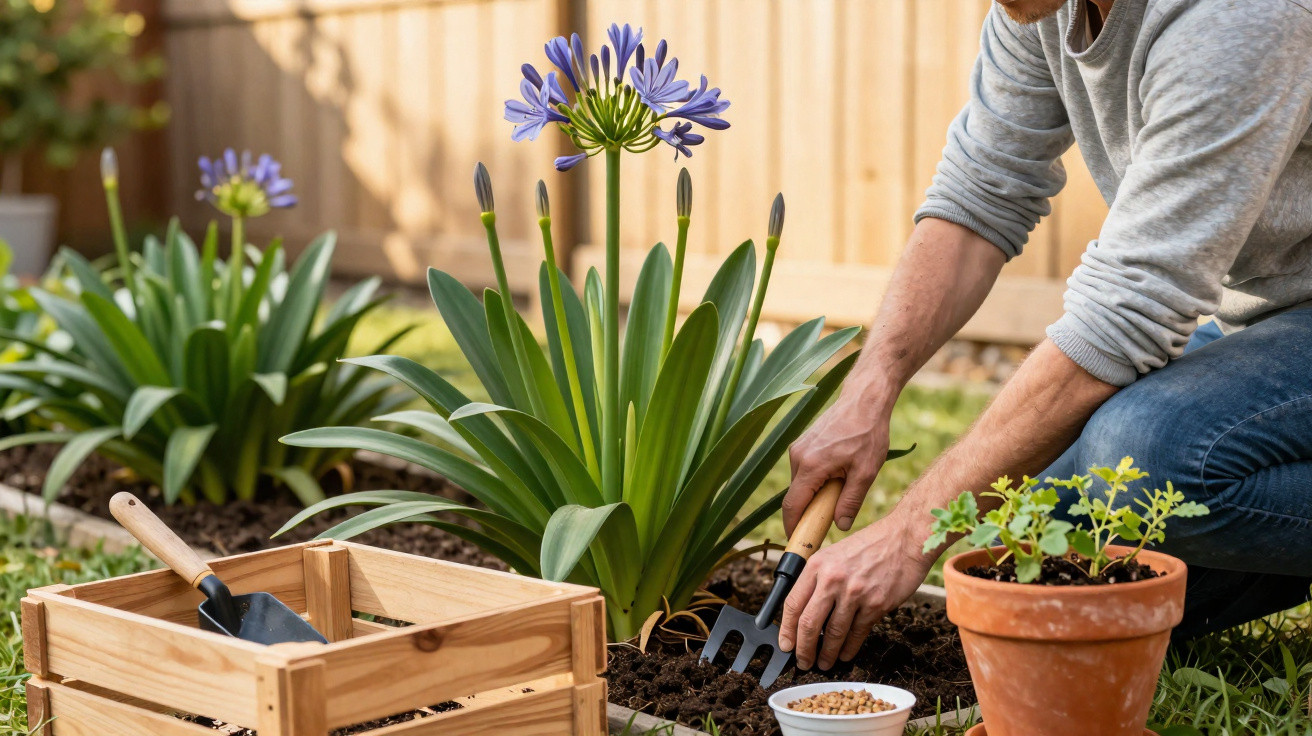 Pessoa plantando flor azul em jardim com ferramentas de jardinagem e vaso de barro ao lado.