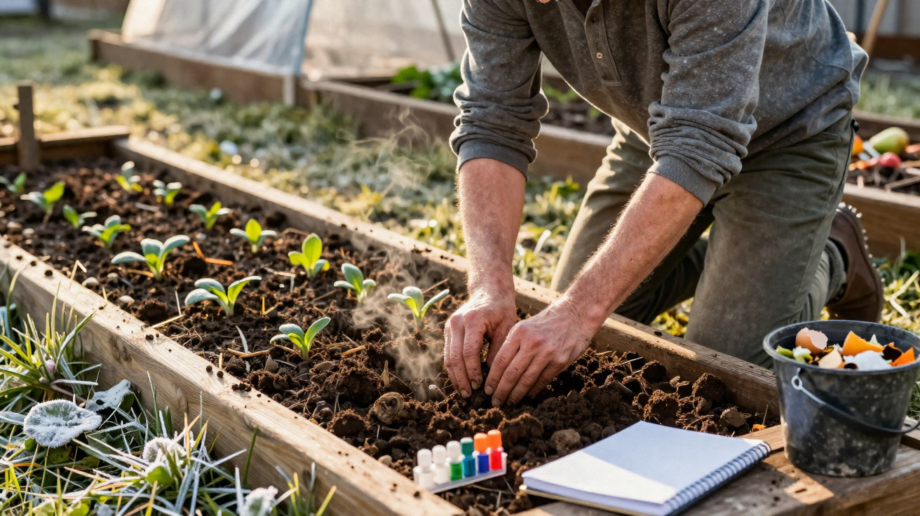 Pessoa plantando mudas em canteiro de madeira com caderno e balde de compostagem ao lado.