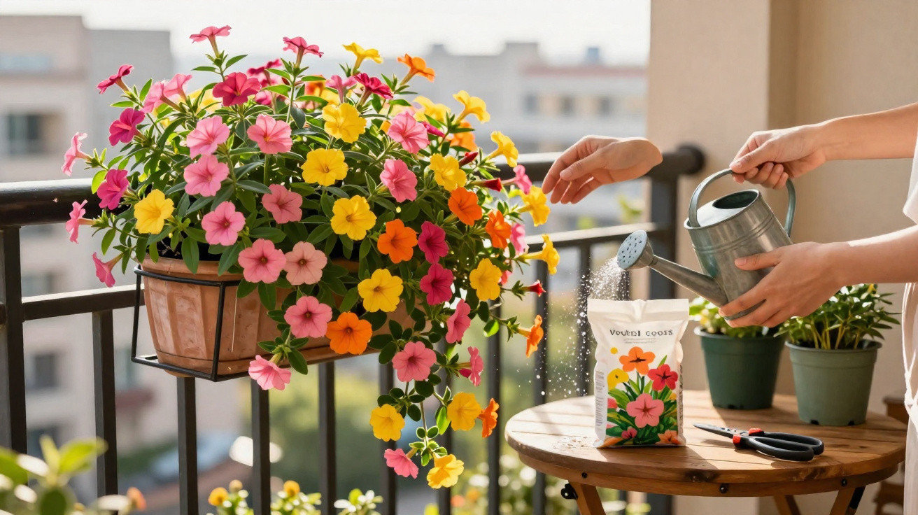 Pessoa regando flores coloridas em vasos na varanda ensolarada, com regador de metal na mão.