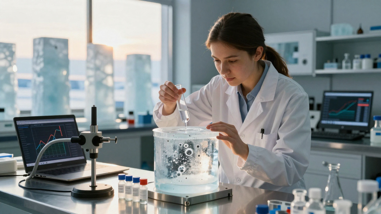 Cientista mulher em jaleco branco manipulando amostra líquida em laboratório moderno iluminado.