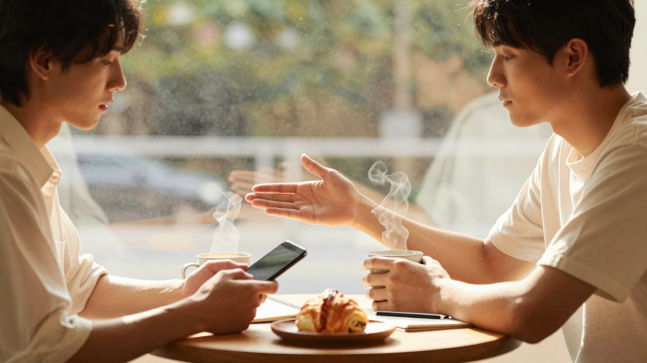 Jovem casal conversando em cafeteria, com café quente e croissant na mesa, luz natural ao fundo.