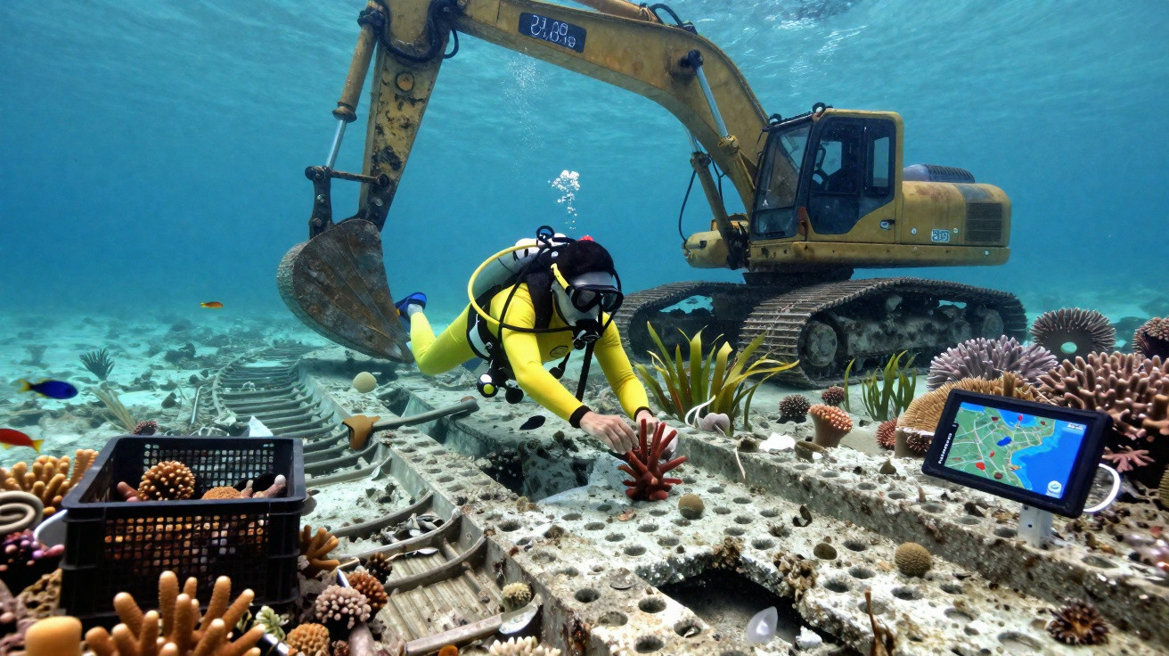 Mergulhador em traje amarelo instala corais artificiais perto de escavadeira submersa em fundo oceânico.