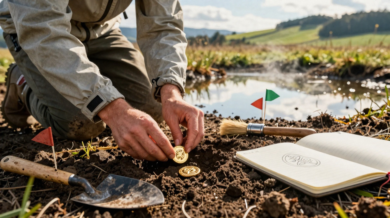 Pessoa escavando moedas antigas no solo ao ar livre, com ferramentas e caderno ao lado.