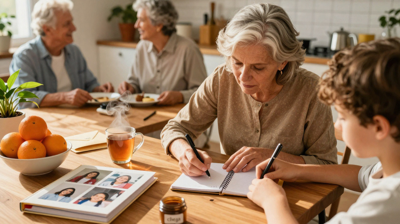 Idosos e criança atentos a álbum de fotos e escrevendo em caderno durante reunião familiar na cozinha.