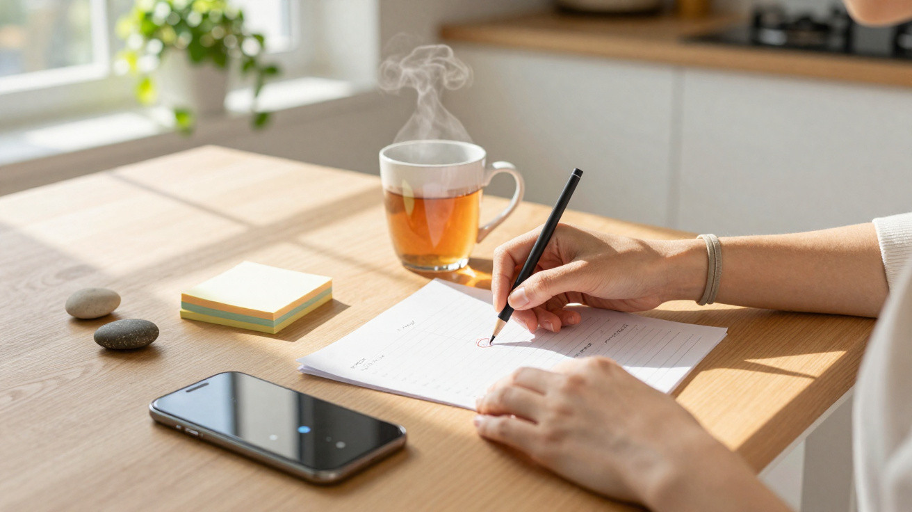 Pessoa escrevendo em papel com caneta em mesa de madeira, xícara com vapor e celular próximo.