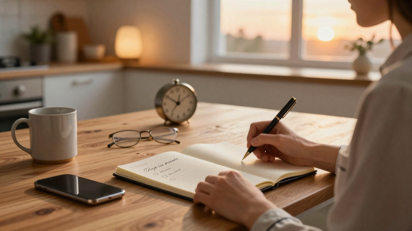 Pessoa escrevendo em um caderno na mesa com celular, xícara fumegante e relógio ao fundo.