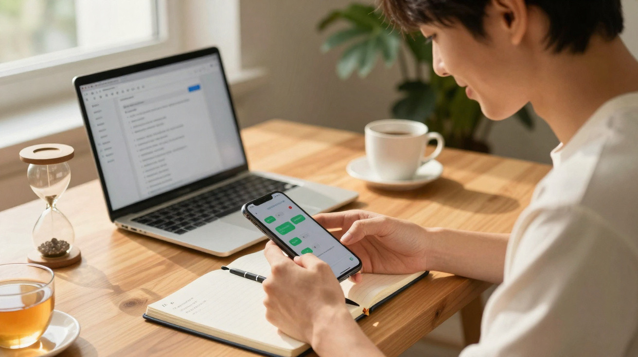 Pessoa olhando celular e fazendo anotações em caderno com laptop e xícara de chá na mesa de madeira.
