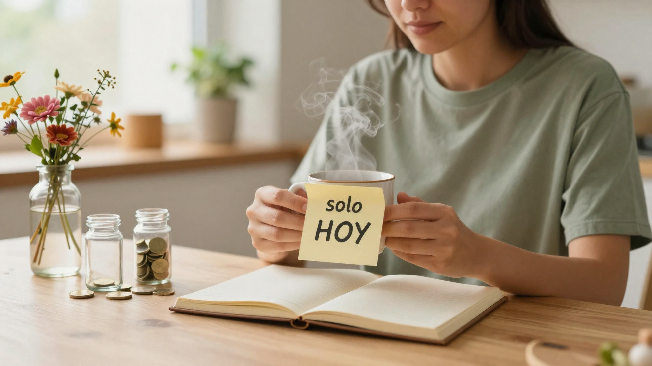 Mulher segurando xícara com adesivo "solo HOY", livro aberto e vasos com moedas e flores sobre a mesa.