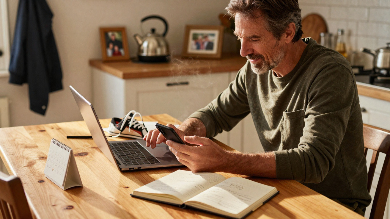 Homem sorrindo usa celular e laptop enquanto estuda em mesa de madeira com caderno aberto.