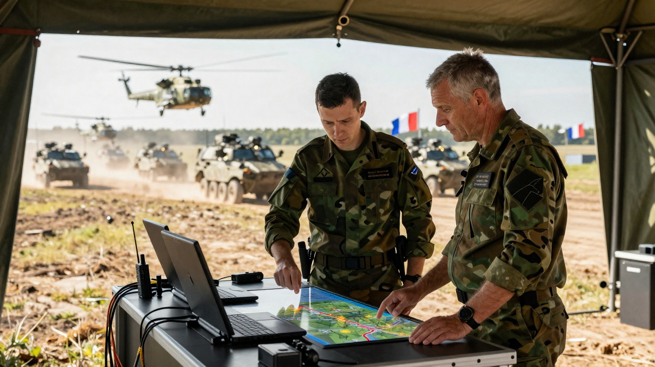 Dois militares analisam mapa digital em laptop sob tenda; tanque de guerra e helicóptero ao fundo em campo aberto.