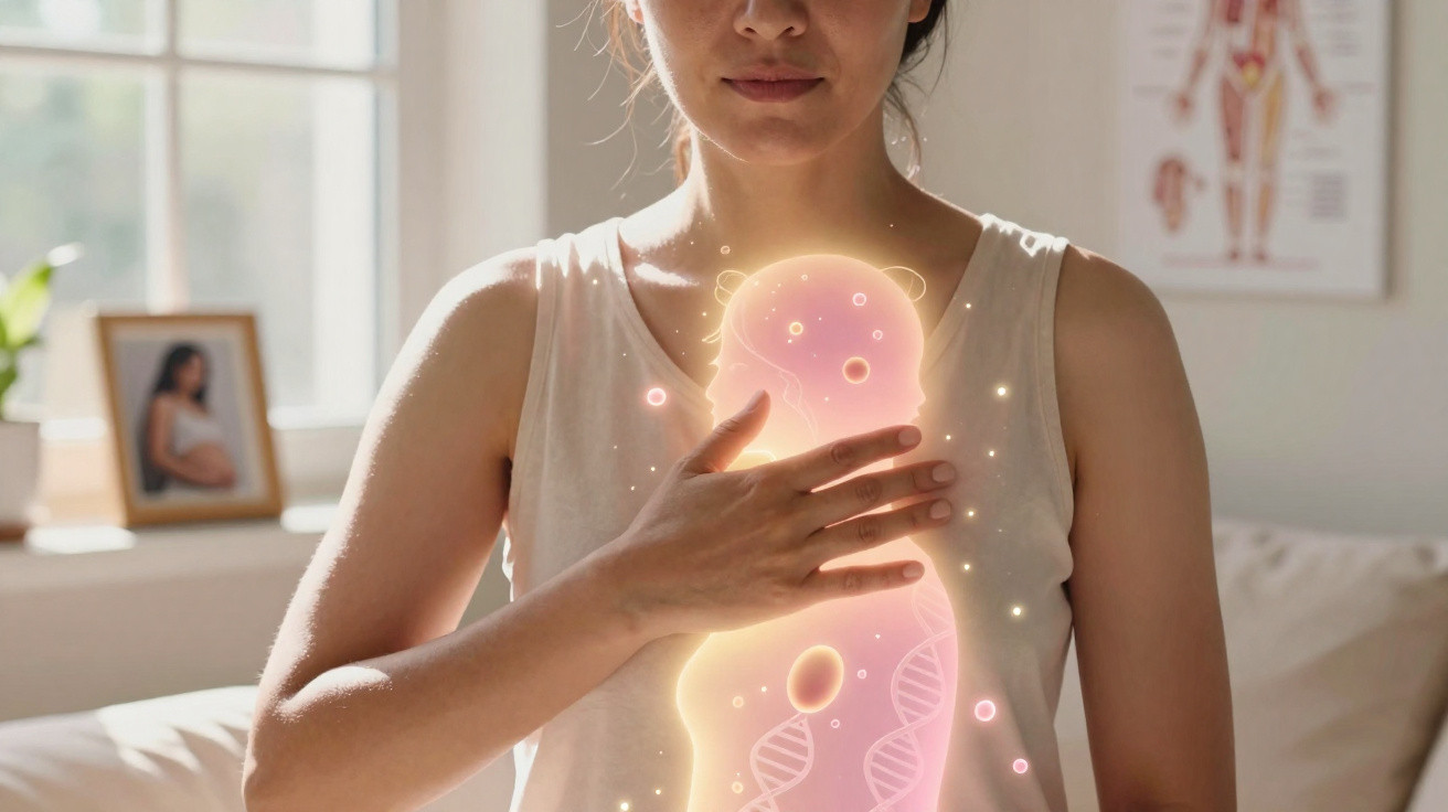 Mulher tocando o peito com sobreposição digital de silhueta feminina grávida com DNA e células.