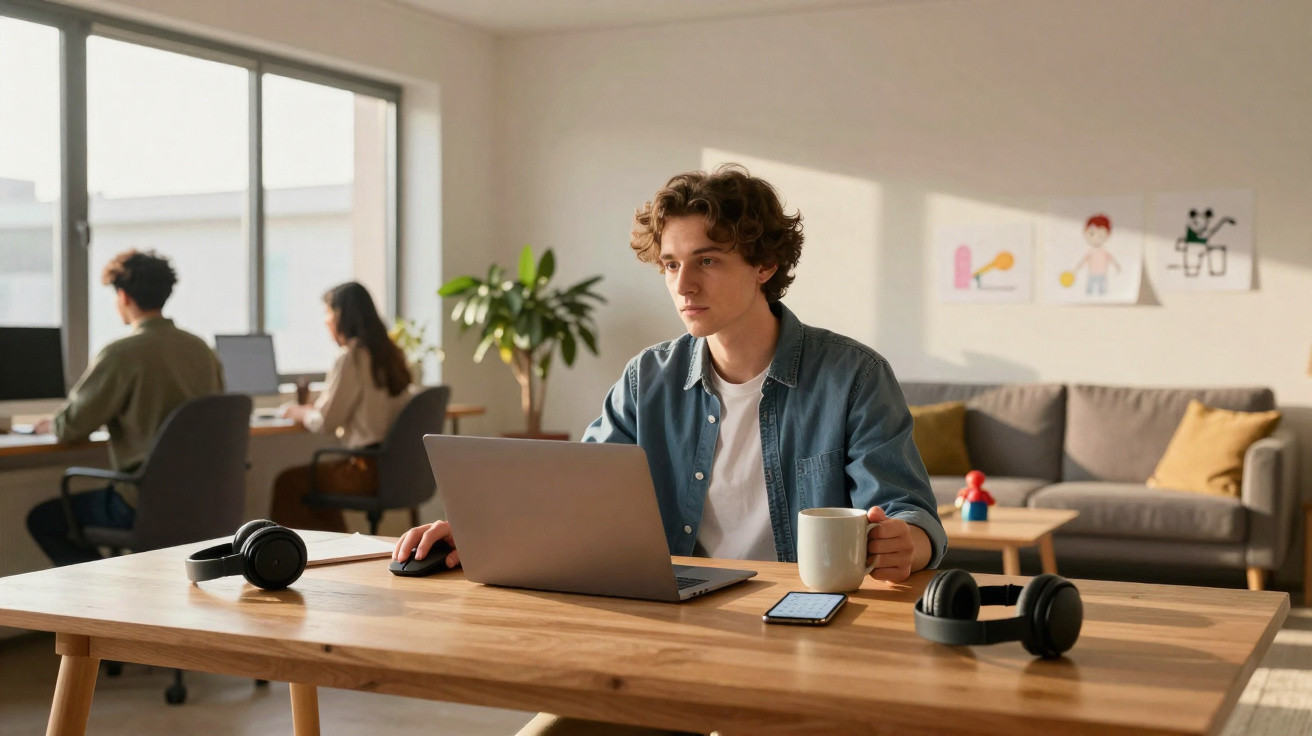 Pessoa jovem trabalhando em laptop com café em mesa de madeira, com outras duas pessoas ao fundo em escritório moderno.