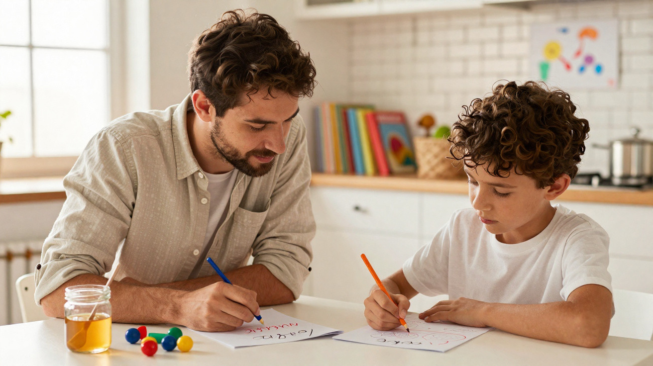 Homem e menino desenhando juntos com lápis de cor em cadernos na cozinha.