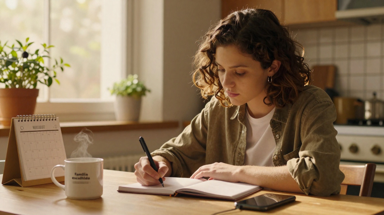 Jovem mulher escrevendo em caderno com caneca, celular e calendário em mesa iluminada por luz natural.