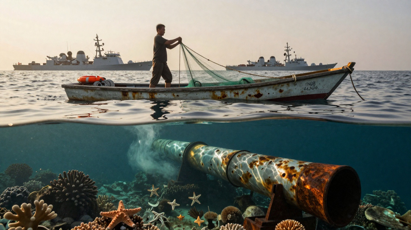 Homem em barco com rede de pesca próximo a navios militares, com fundo marinho e cano enferrujado submerso.