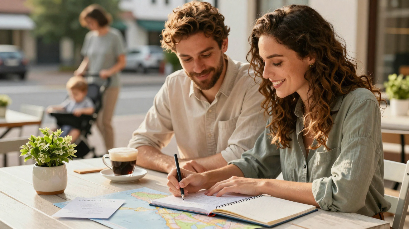Casal jovem planeja viagem com mapa e café em mesa ao ar livre, com criança em carrinho ao fundo.