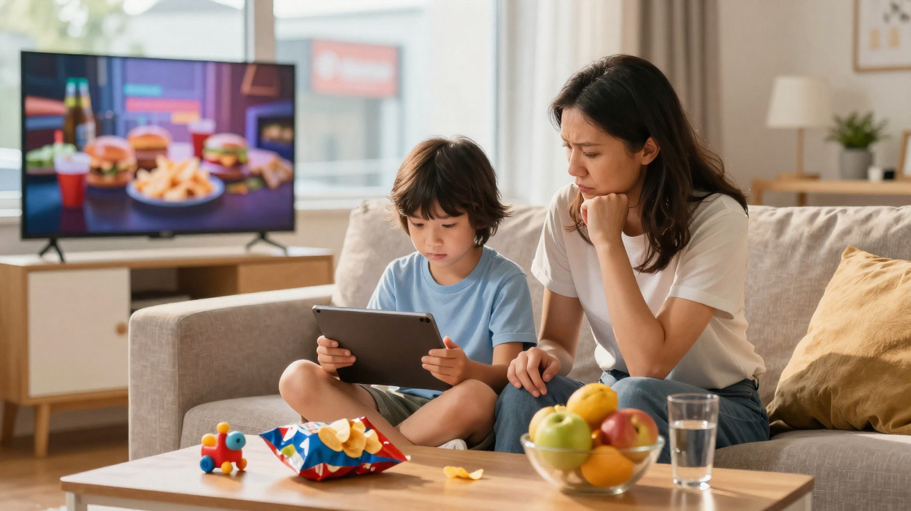 Mulher e menino sentados no sofá olhando para tablet, com televisão ligada ao fundo e frutas na mesa.
