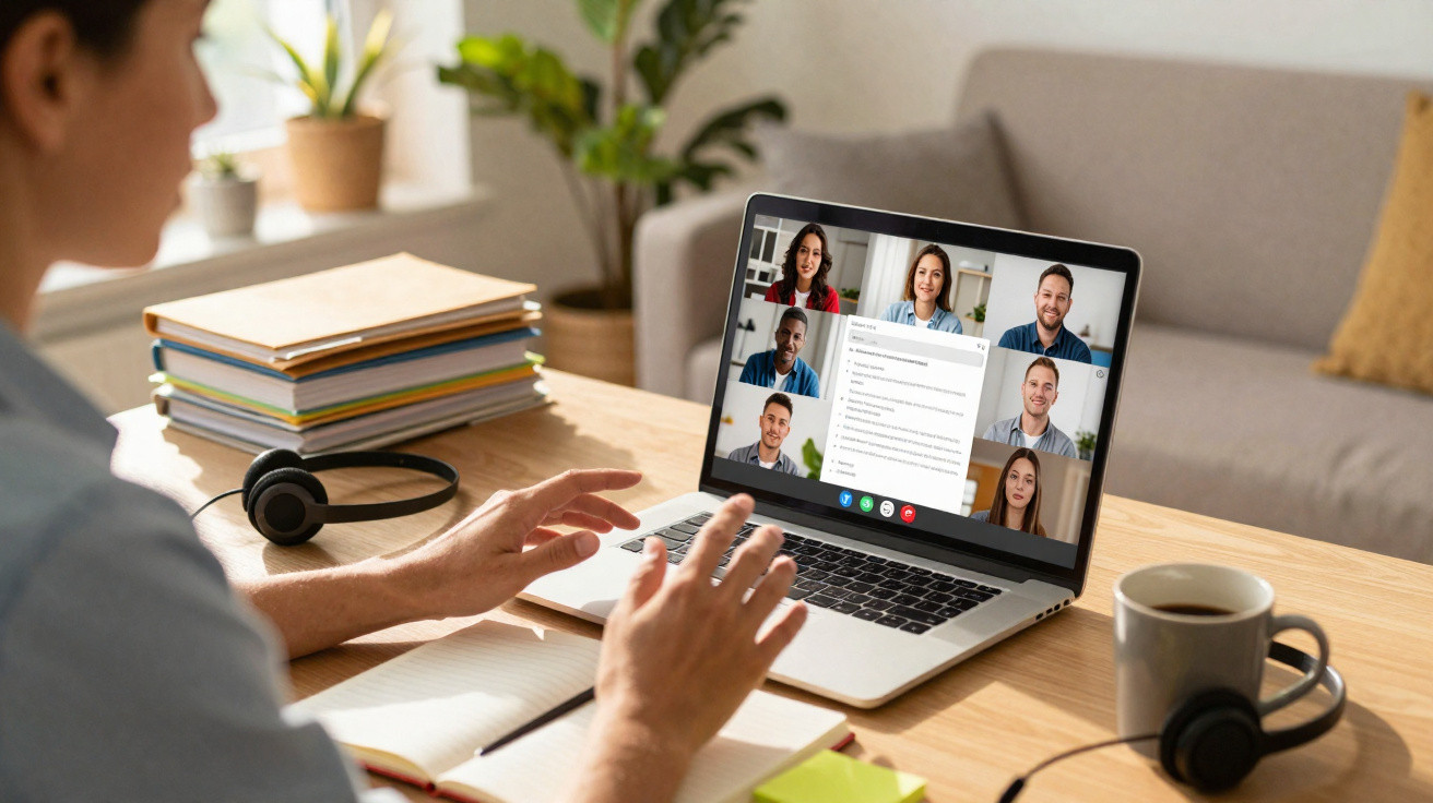 Pessoa participando de reunião virtual em laptop com várias pessoas, café e material de escritório na mesa.