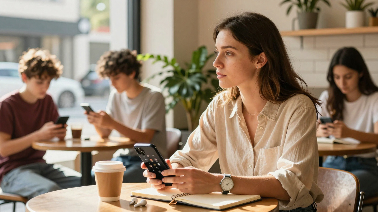 Mulher jovem sentada em café com celular na mão, olhando para o lado, com pessoas ao fundo usando smartphones.