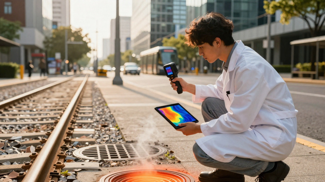 Homem com jaleco usando câmera térmica e tablet para inspeção de tampa de bueiro em rua urbana.