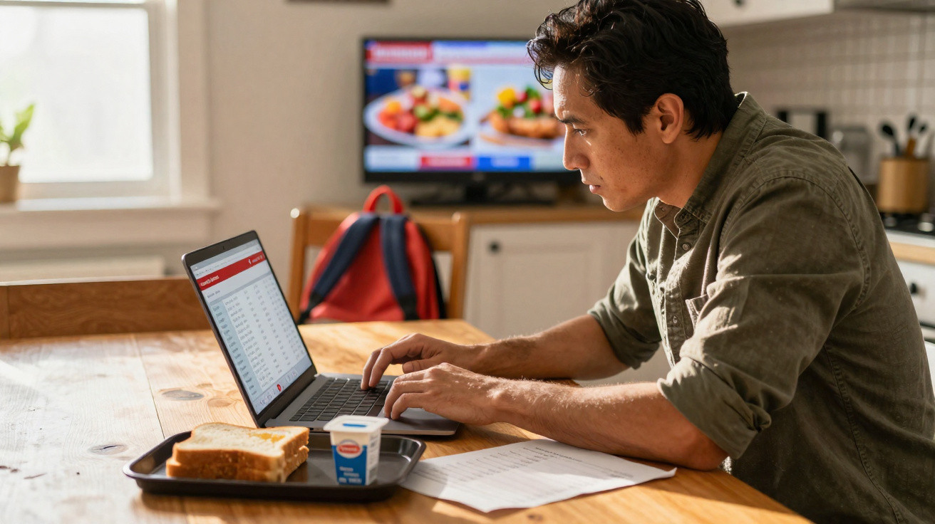 Homem usando laptop em mesa com lanche, visualizando tabela de dados em ambiente claro e acolhedor.