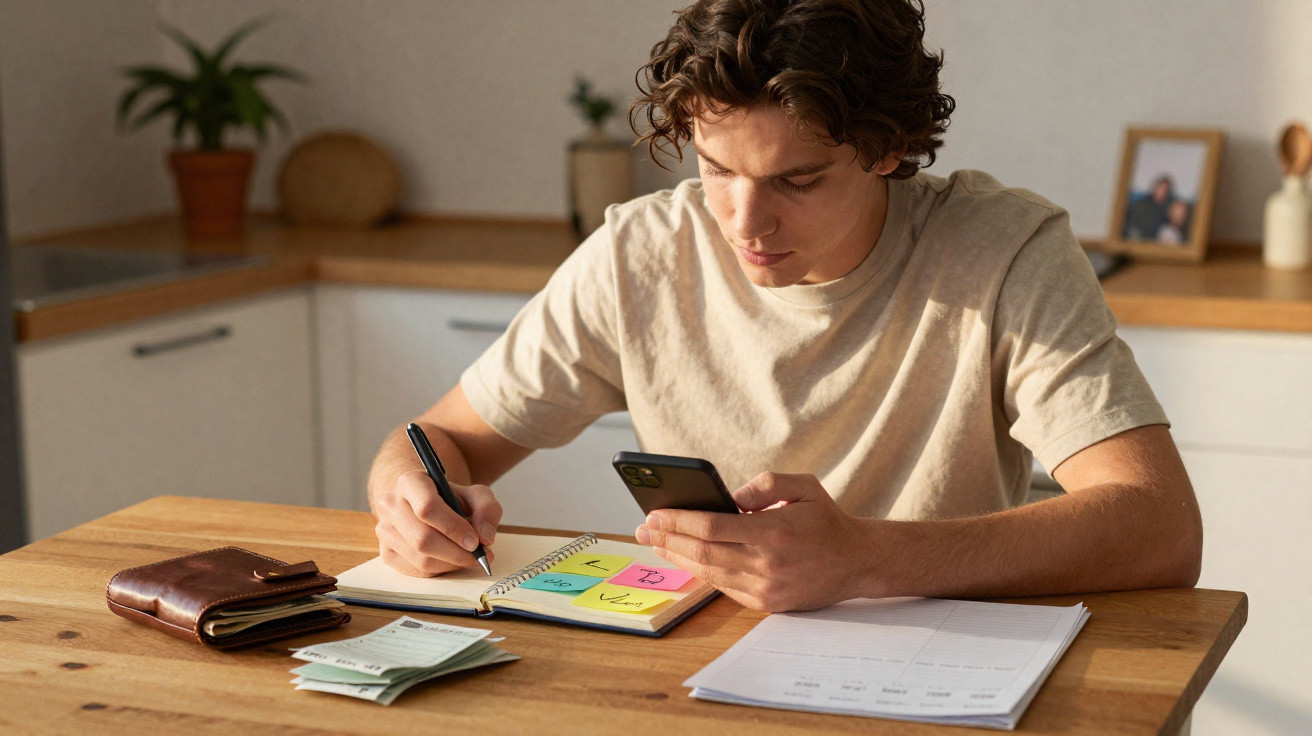 Jovem sentado à mesa escrevendo em caderno, usando telefone, com carteira e papéis à sua frente.
